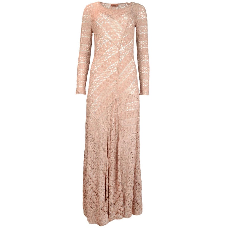 Missoni Pink Rose Gold Sparkle Knit Lace Long Sleeved Maxi Dress For ...