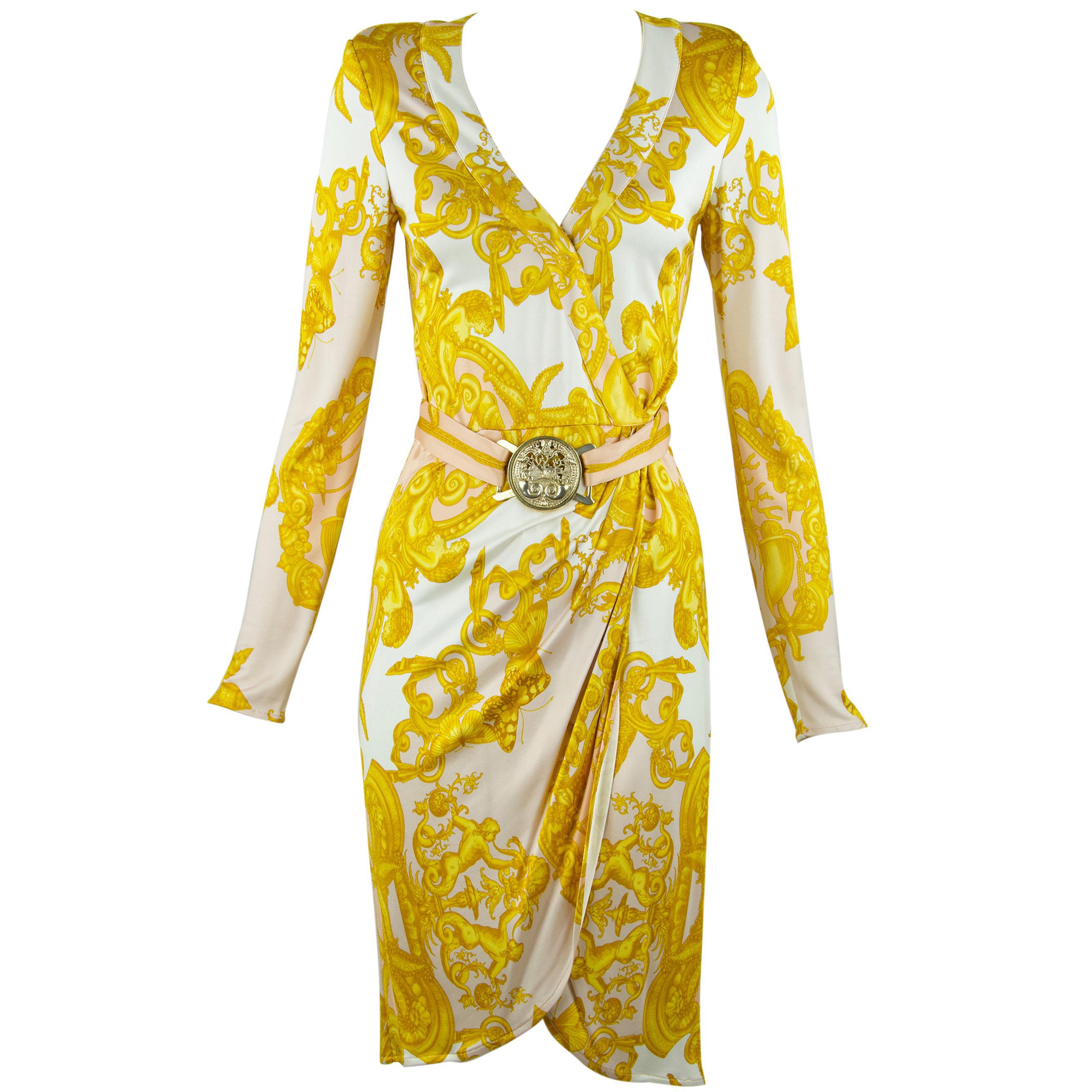 Versace White / Gold / Light Pink Silk Jersey Wrap Dress  For Sale