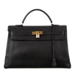 Hermes Kelly 40 Black Leather Top Handle Satchel Carryall Tote Bag