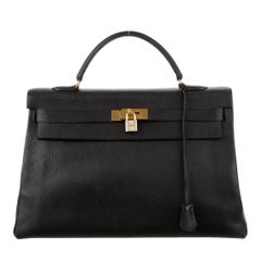 Hermes Kelly 40 Black Leather Top Handle Satchel Carryall Tote Bag