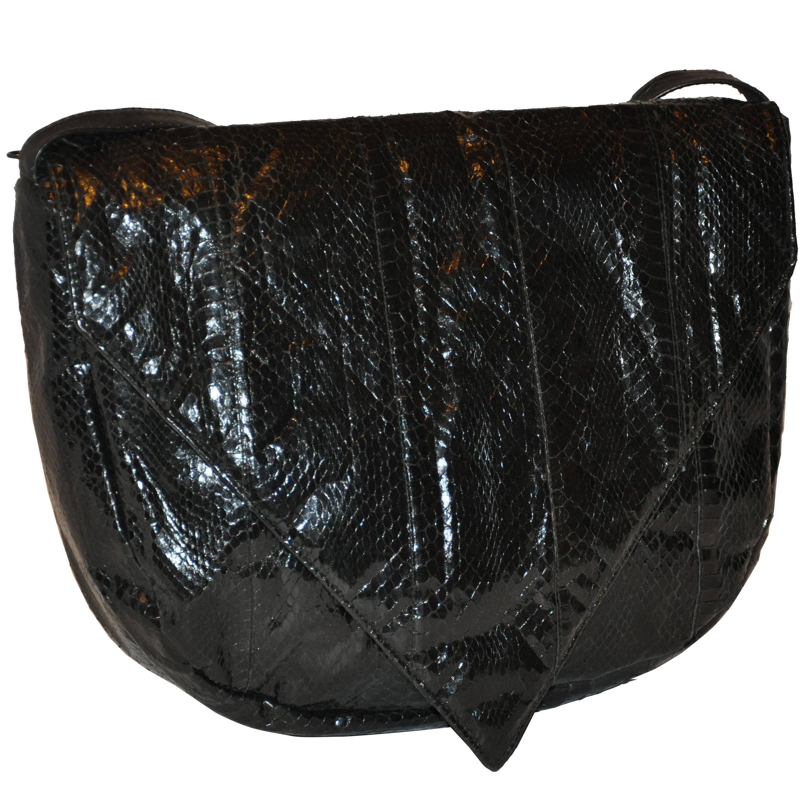 Huge Black Snakeskin with Black Calfskin Accent "Flap-Over" Shoulder Bag