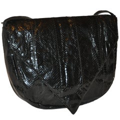 Vintage Huge Black Snakeskin with Black Calfskin Accent "Flap-Over" Shoulder Bag