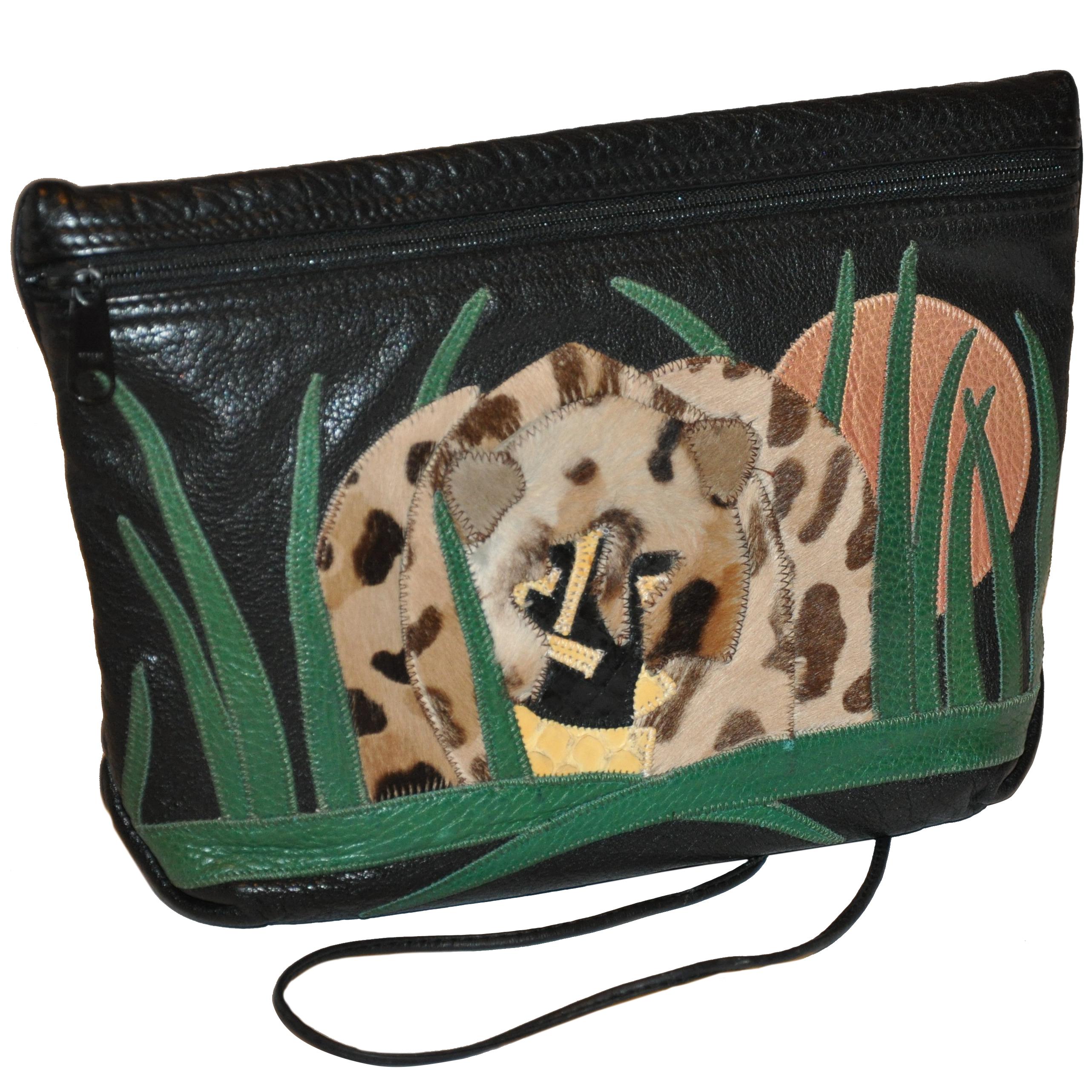 Carlos Falchi Textured Calfskin Zippered Patchwork "Jungle" Scene Shoulder Bag