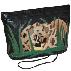 Carlos Falchi Textured Calfskin Zippered Patchwork "Jungle" Scene Shoulder Bag