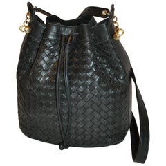 Siso Deep Navy-Black Woven Lambskin Drawstring with Gold Hardware Shoulder Bag