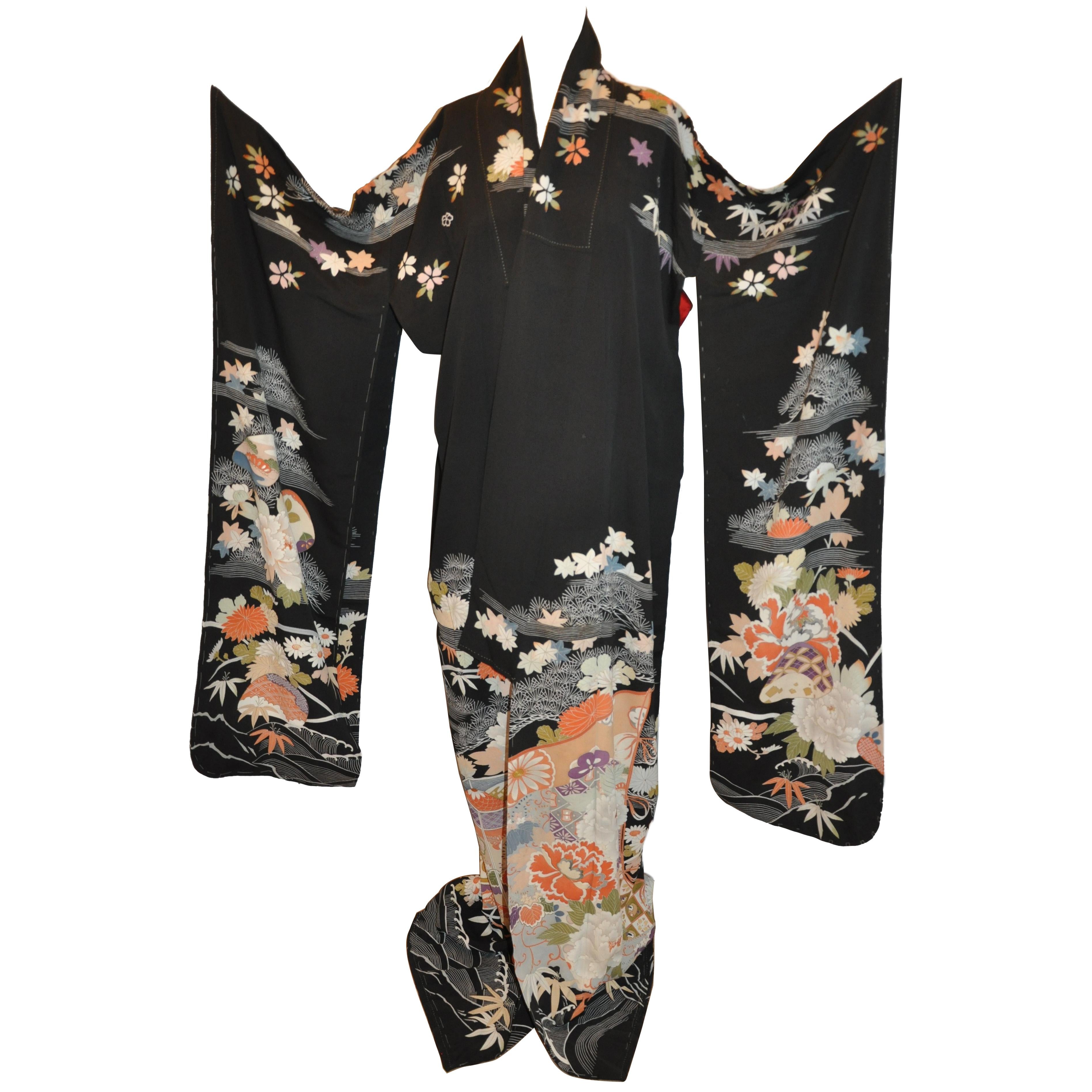 Majestic Multi Color "Floral Among Air and Sea" Japanese Silk Kimono