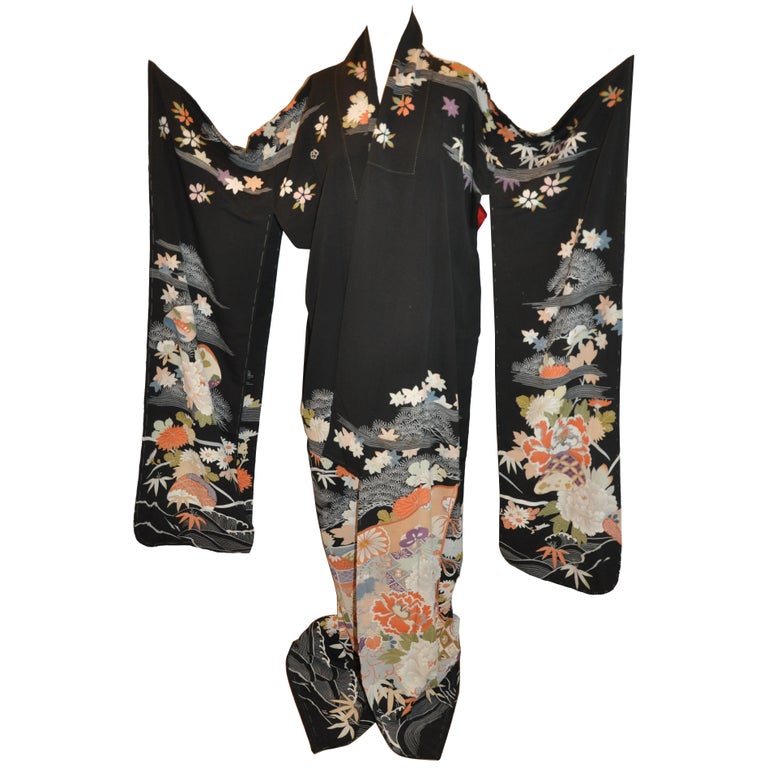 Majestic Multi Color "Floral Among Air and Sea" Japanese Silk Kimono For Sale