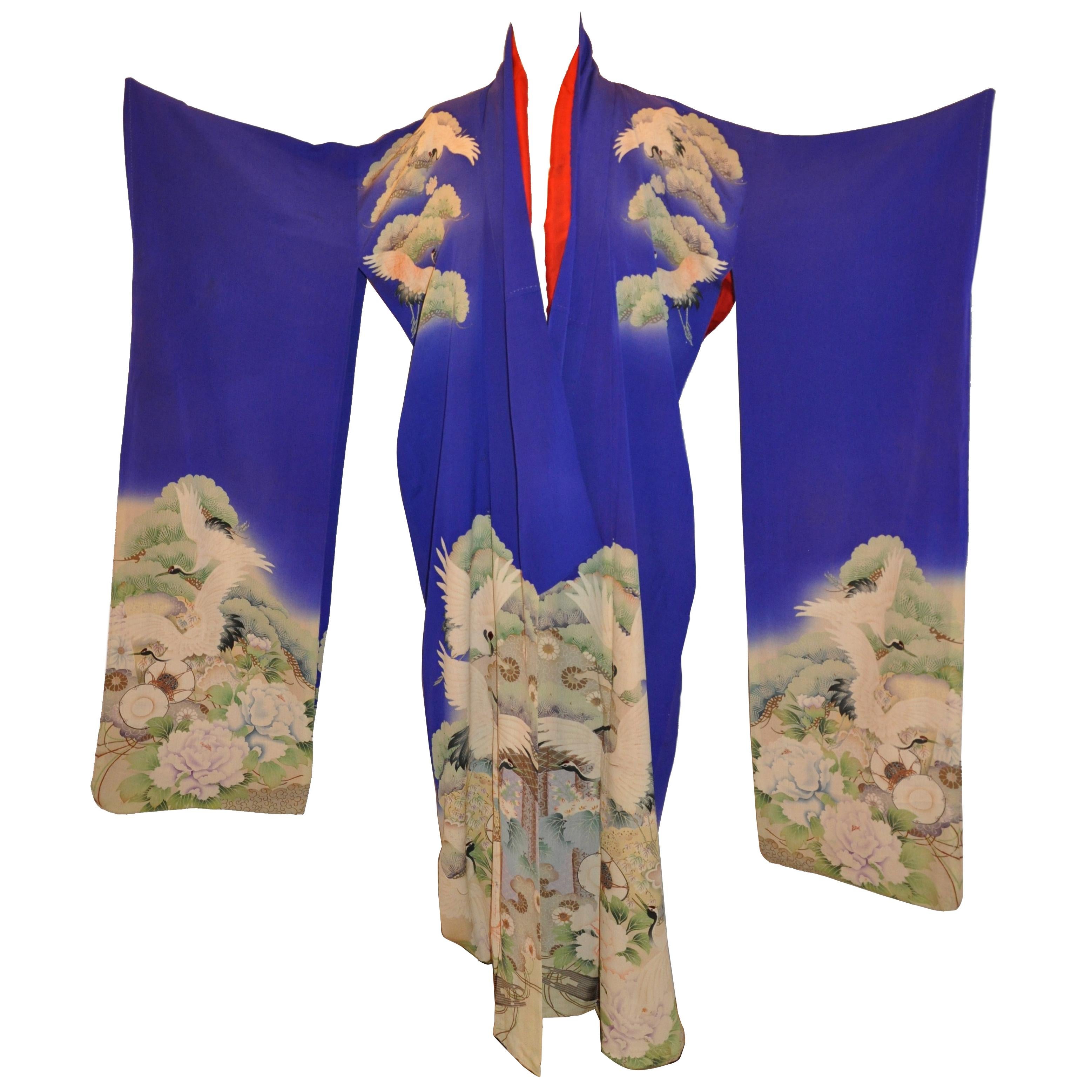 Lapis Blue "Heaven and Earth Cranes in Flight" Silk Kimono For Sale