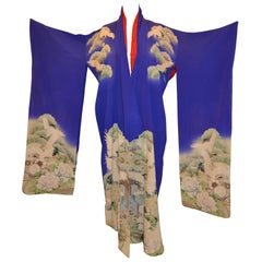 Kimono en soie bleu lapis « Heaven and Earth Cranes in Flight »