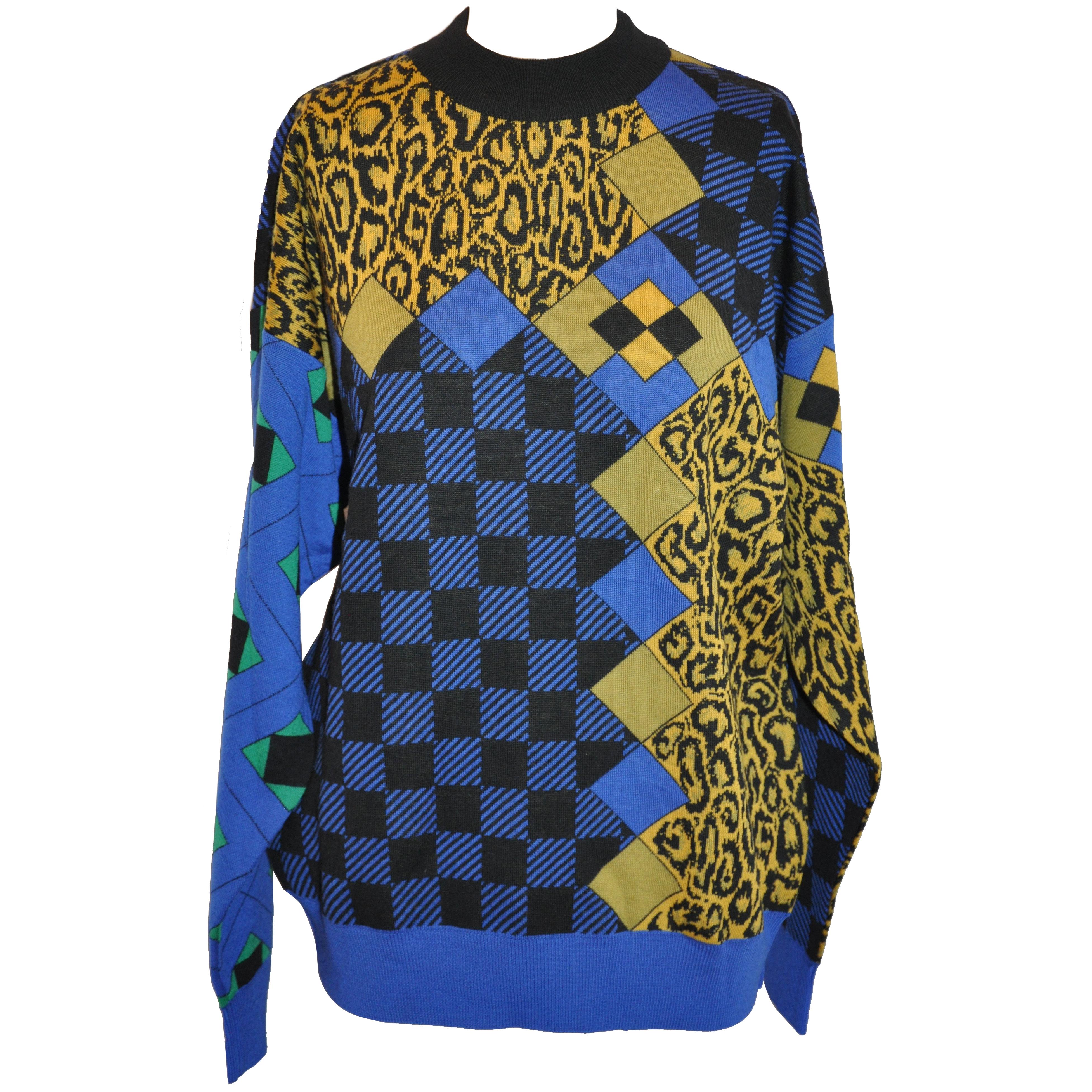 Gianni Versace Men's Multi-Color "Color Block Abstract & Leopard" Pullover