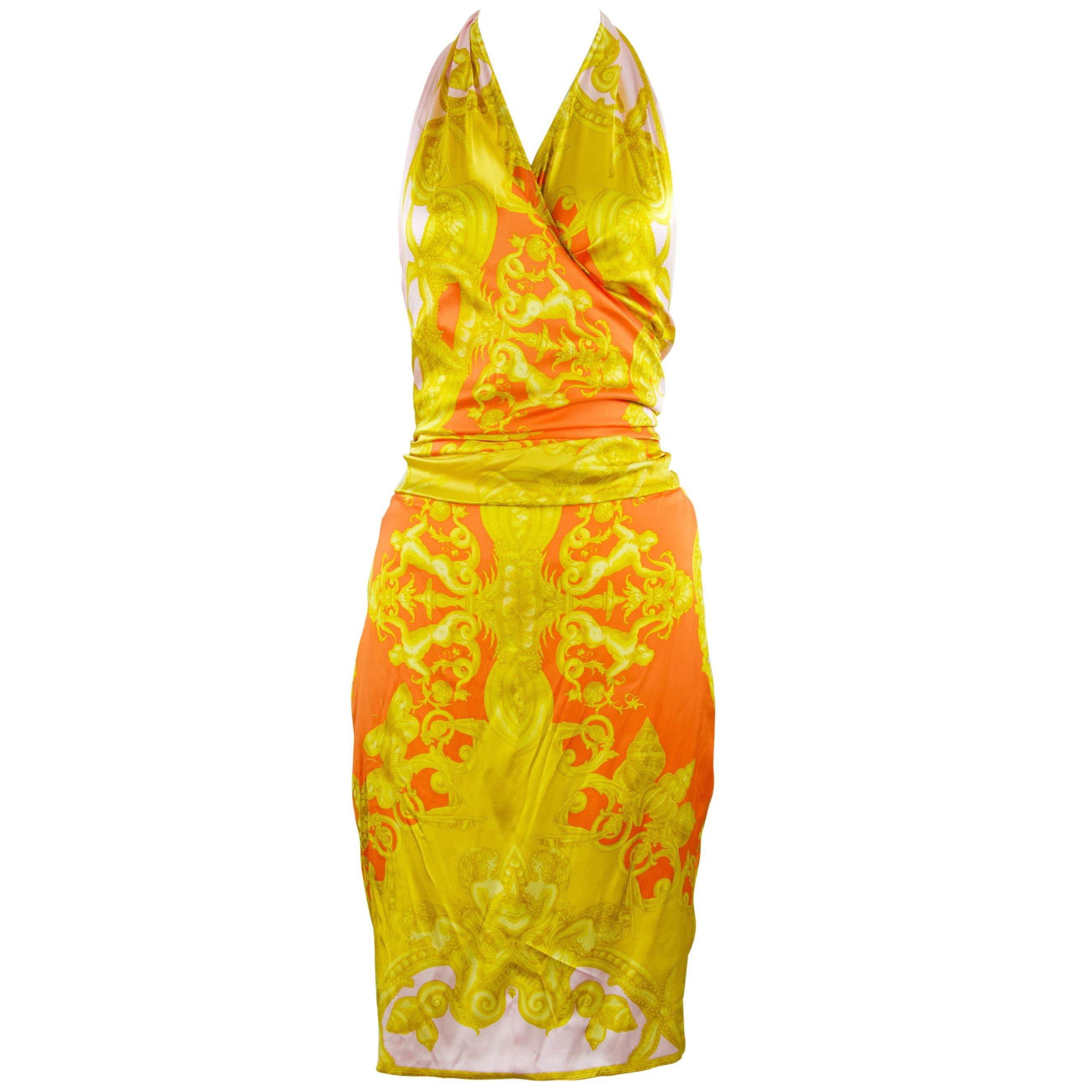 Versace Pink Orange Gold Silk Halter Dress  For Sale
