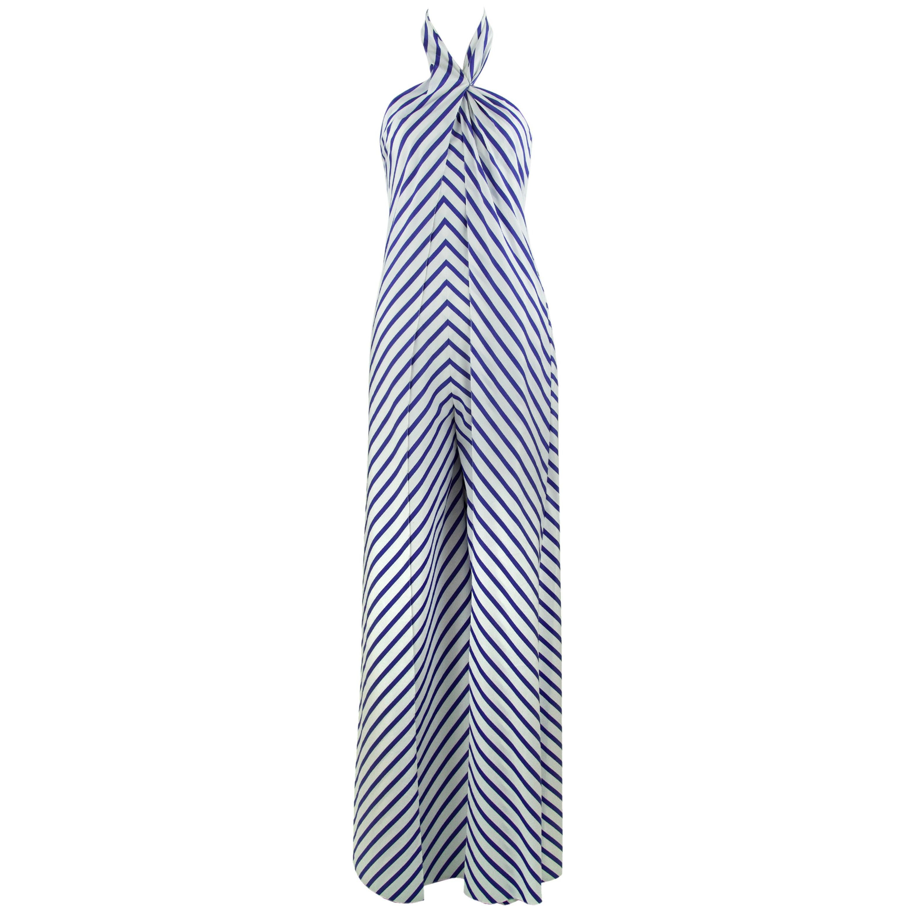 Ralph Lauren Collection White and Blue Striped Halter Jumpsuit 