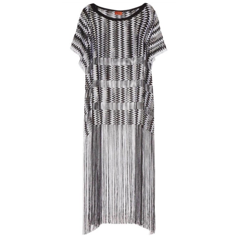 Missoni Monochrome Signature Fringe Crochet Knit Dress Kaftan Gown For