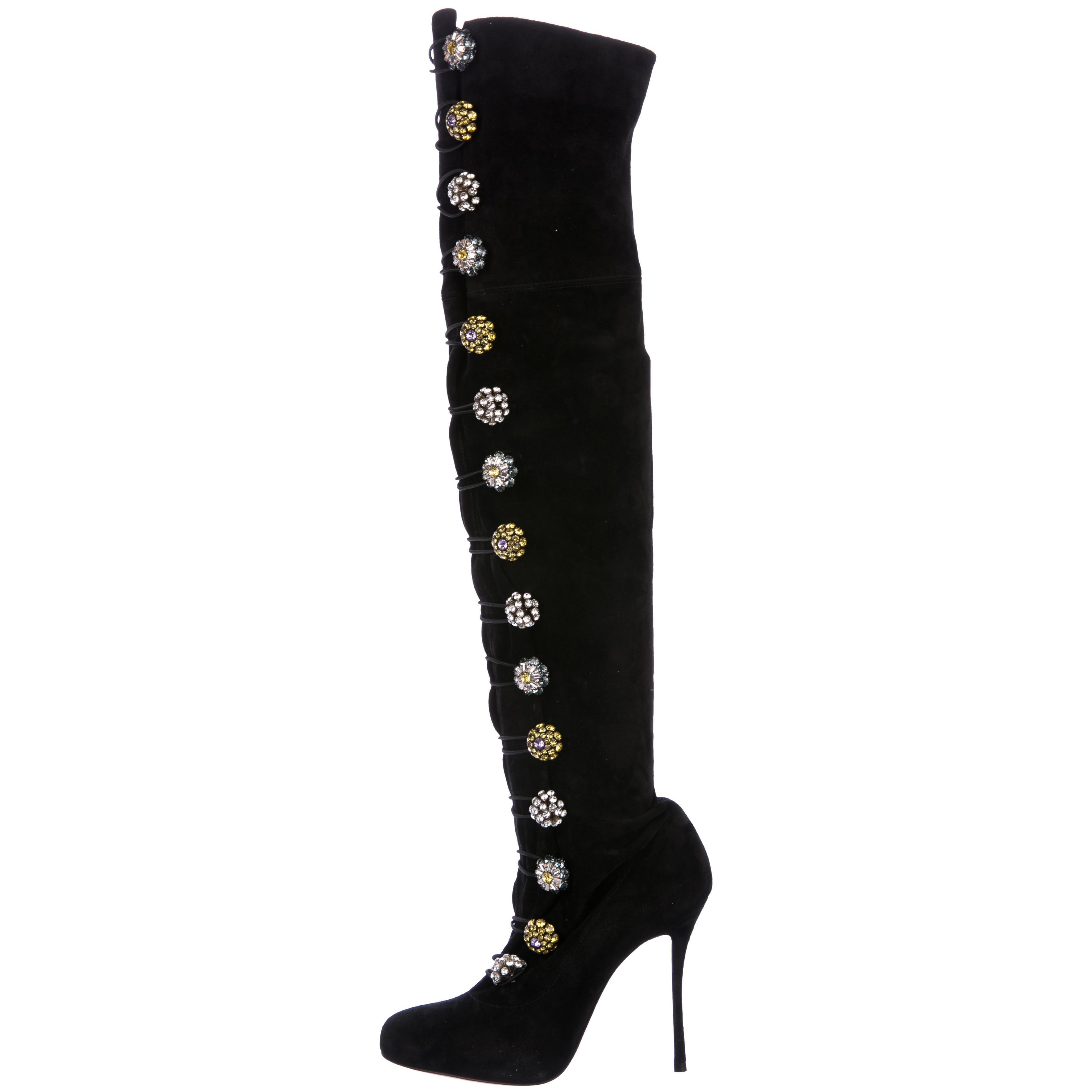 Christian Louboutin NEW Black Suede Flower Buckle Evening Knee High Boots