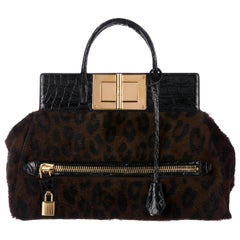 Tom Ford NEW Black Brown Crocodile Pony Gold Evening Top Handle Satchel Bag