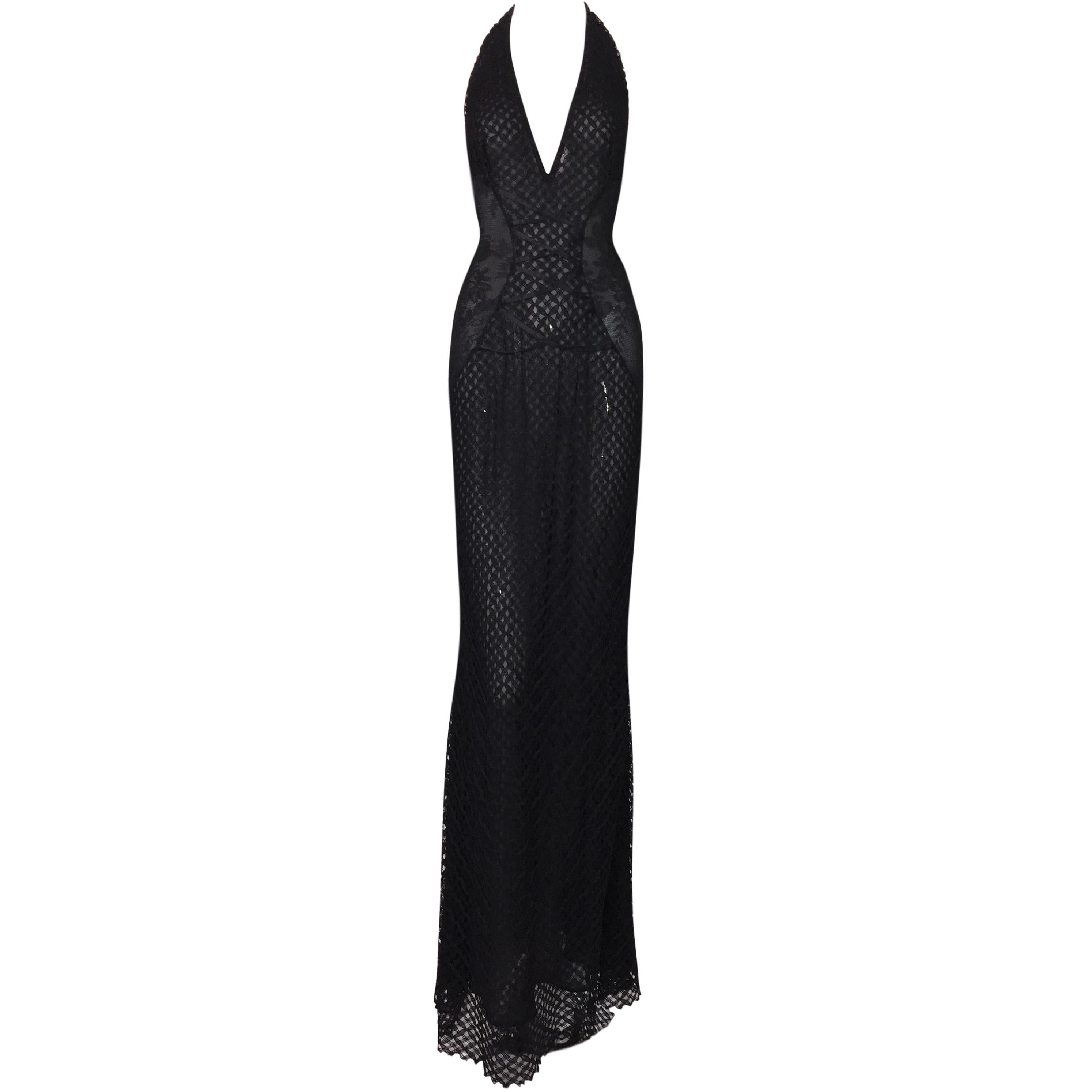 S/S 2002 Gianni Versace Sheer Black Lace Plunging Backless Halter Gown Dress