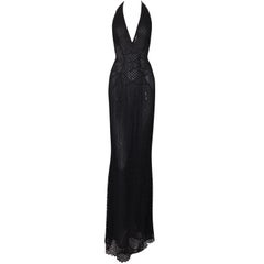S/S 2002 Gianni Versace Sheer Black Lace Plunging Backless Halter Gown Dress