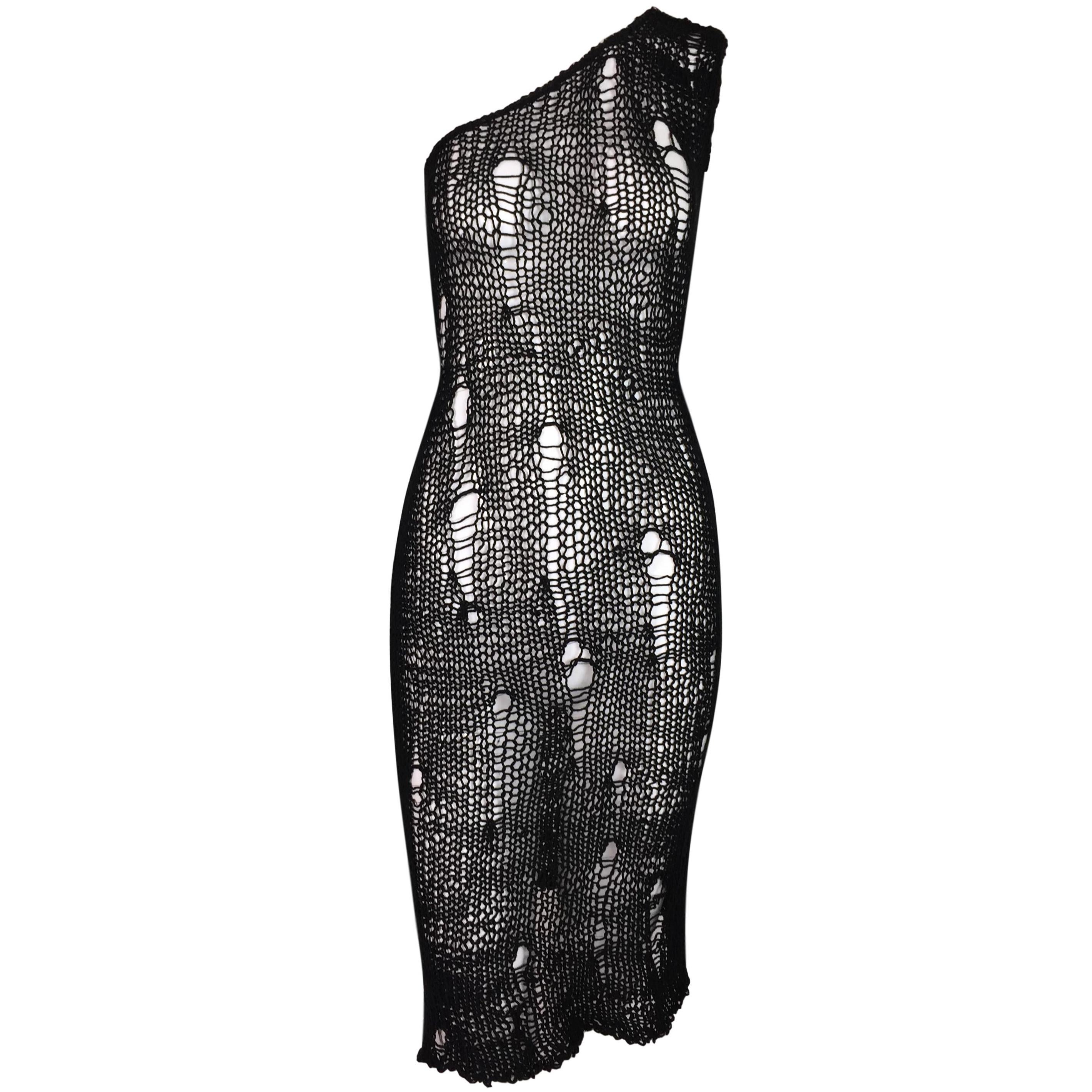 S/S 2003 D&G Dolce & Gabbana Runway Sheer Black Distressed Knit Mini Dress