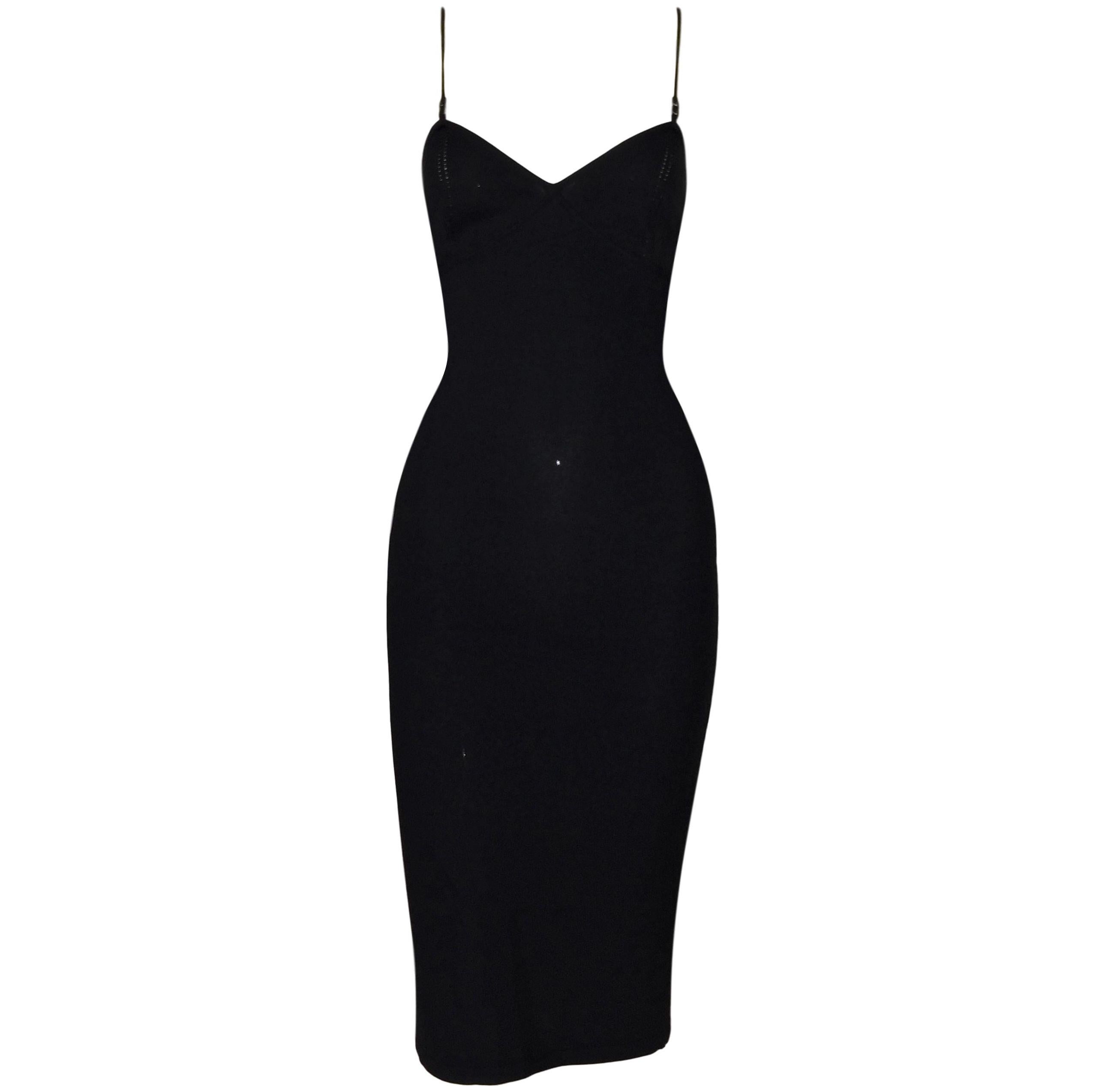 1999 Gucci by Tom Ford Plunging Black Slinky Bodycon Knit Dress M