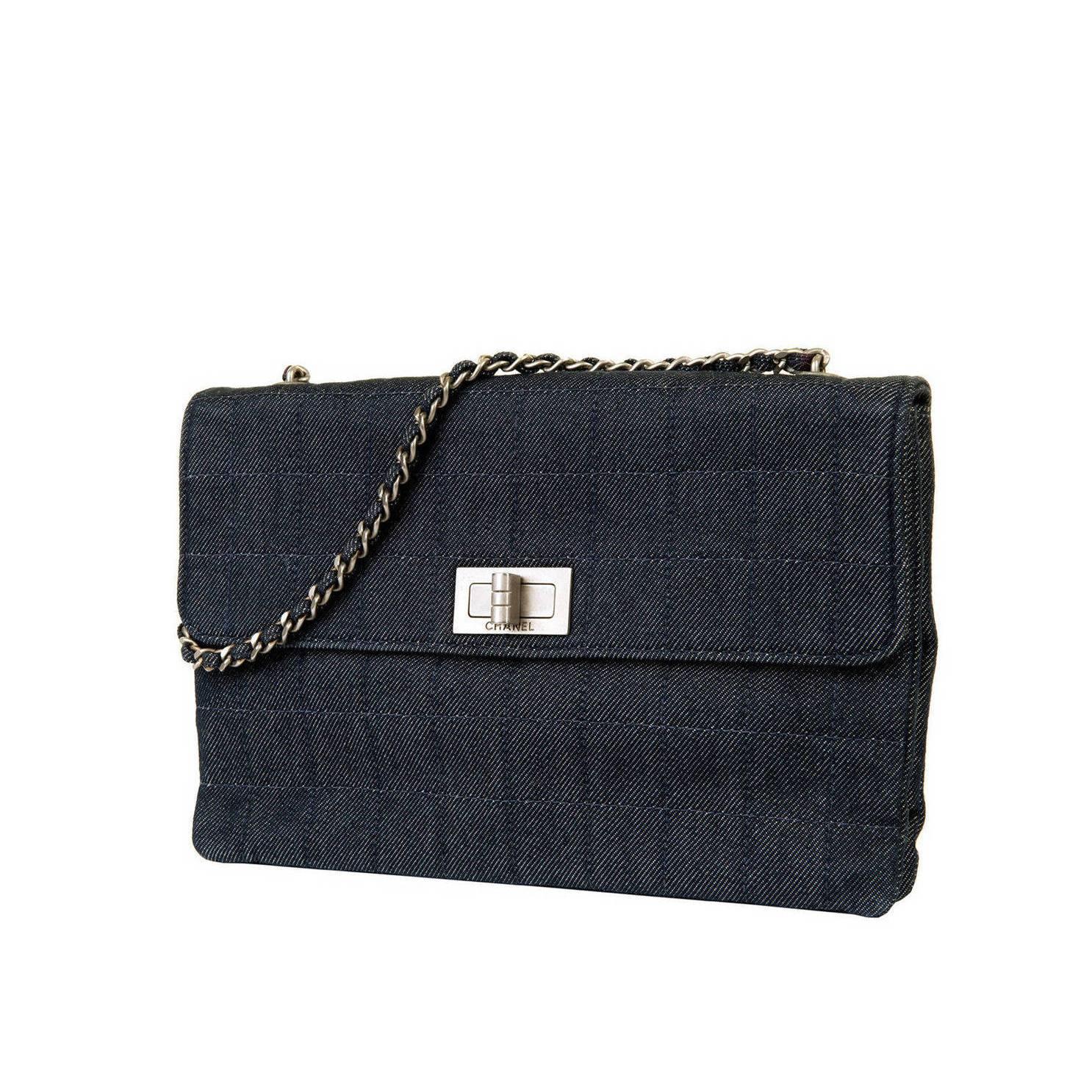 WOW! Rare Chanel 25cm Blue 'Window-Pane' Check Denim Bag with Palladium Hardware For Sale