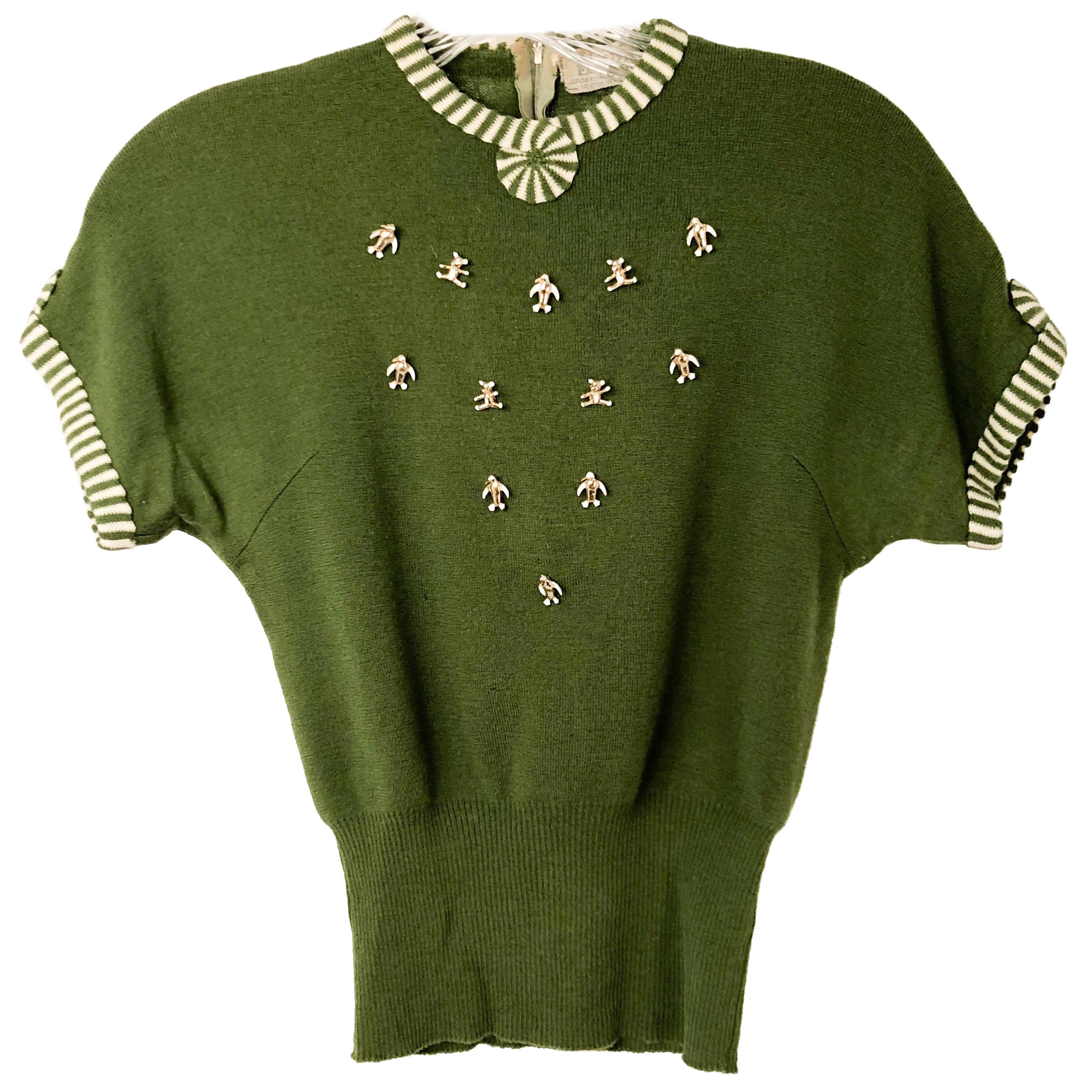 1950s Avocado Green Studded Wool Knit Sweater