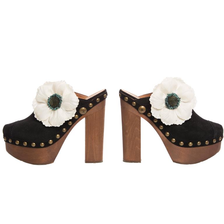 Black Chanel Suede Floral Clogs at 1stDibs