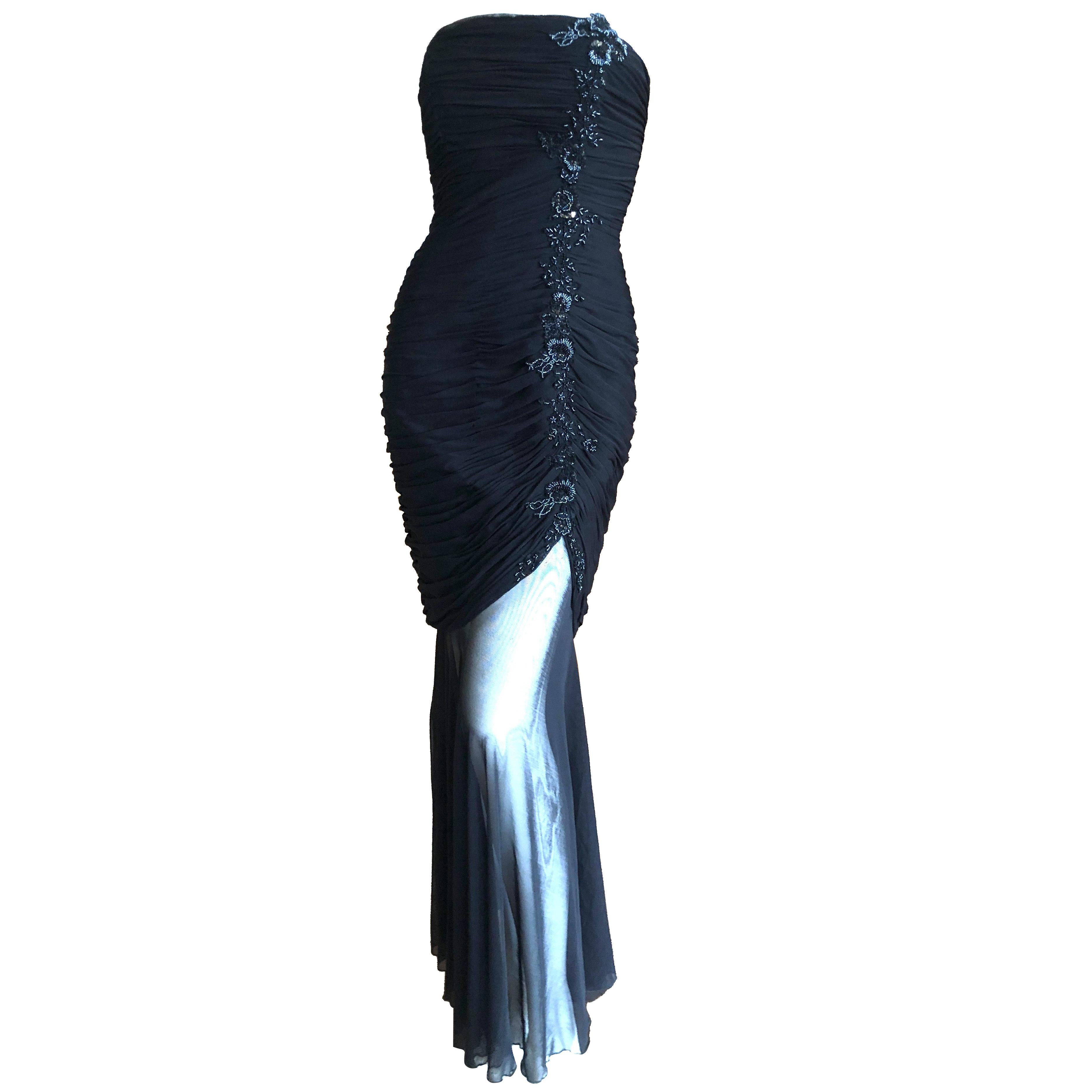 Vicky Tiel Couture Paris Neiman's Shirred Strapless Black Beaded Evening Dress For Sale
