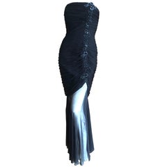 Vicky Tiel Couture Paris Neiman's Shirred Strapless Black Beaded Evening Dress