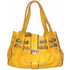 Jimmy Choo Snakeskin Trimmed Yellow Riki Bag With Two Flat Handles