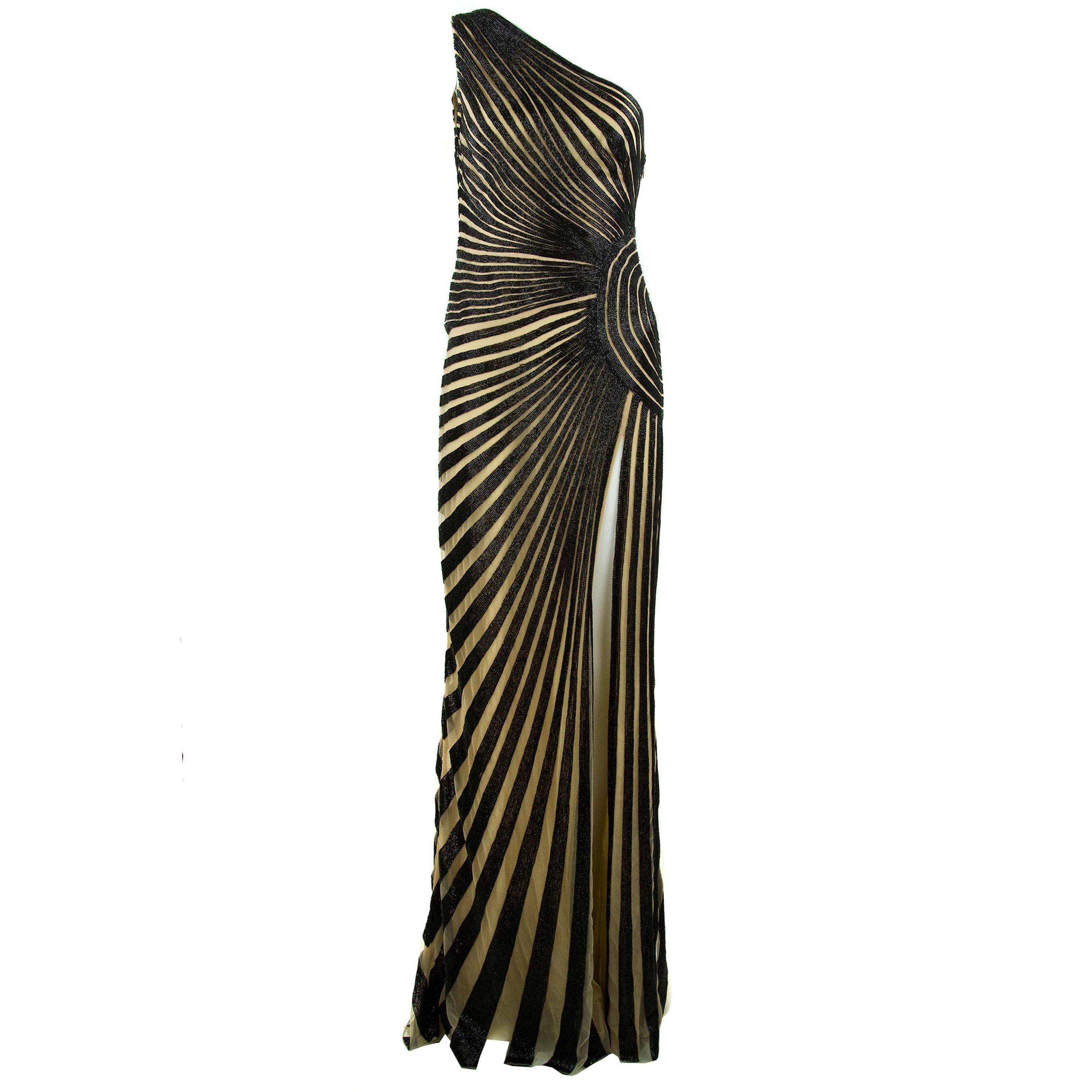 Zuhair Murad Nude & Black Beaded One Shoulder Gown - Size FR 42 For Sale