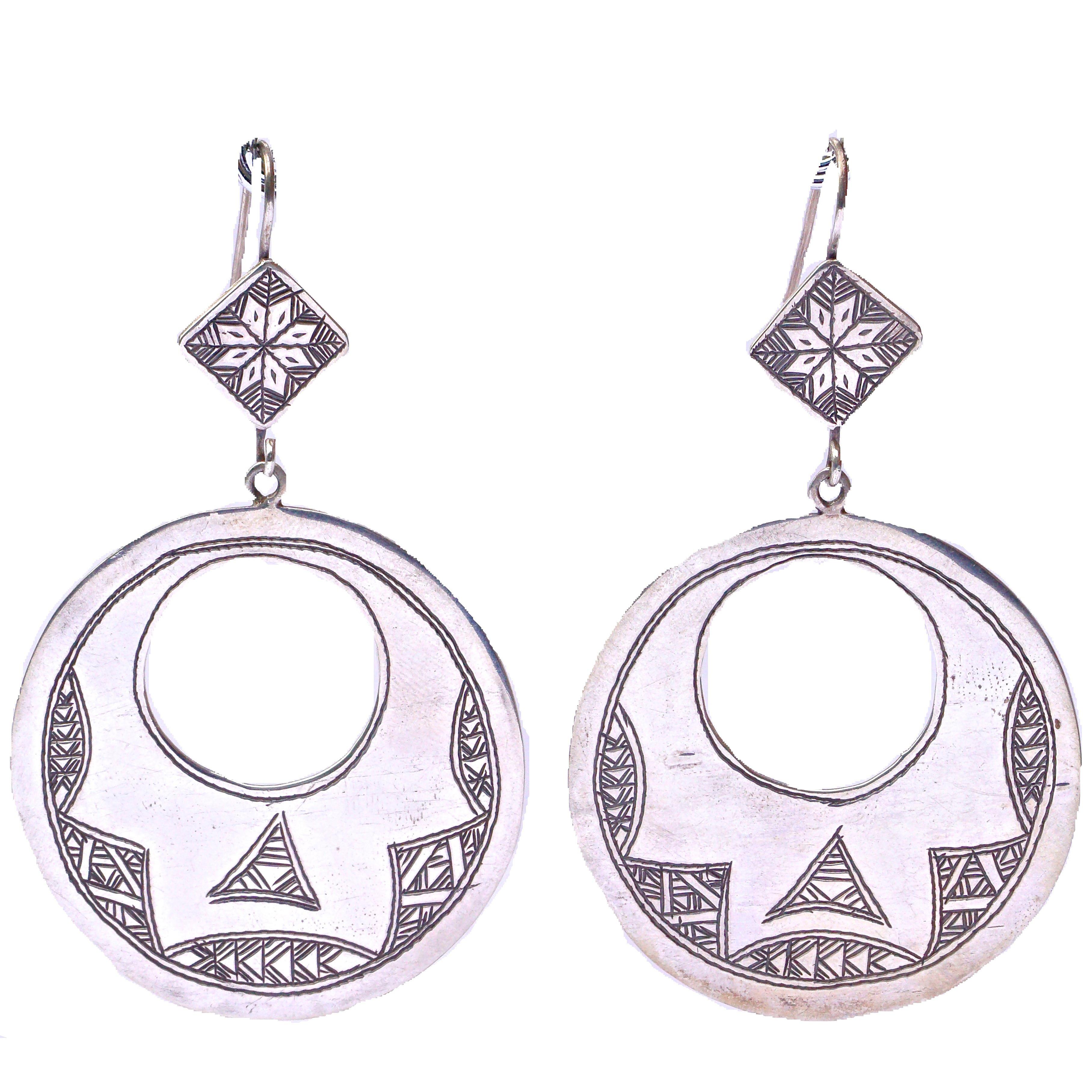 Large Berber Silver Moroccan Cut Out Round and Diamond Shaped Drop Hoop Earrings