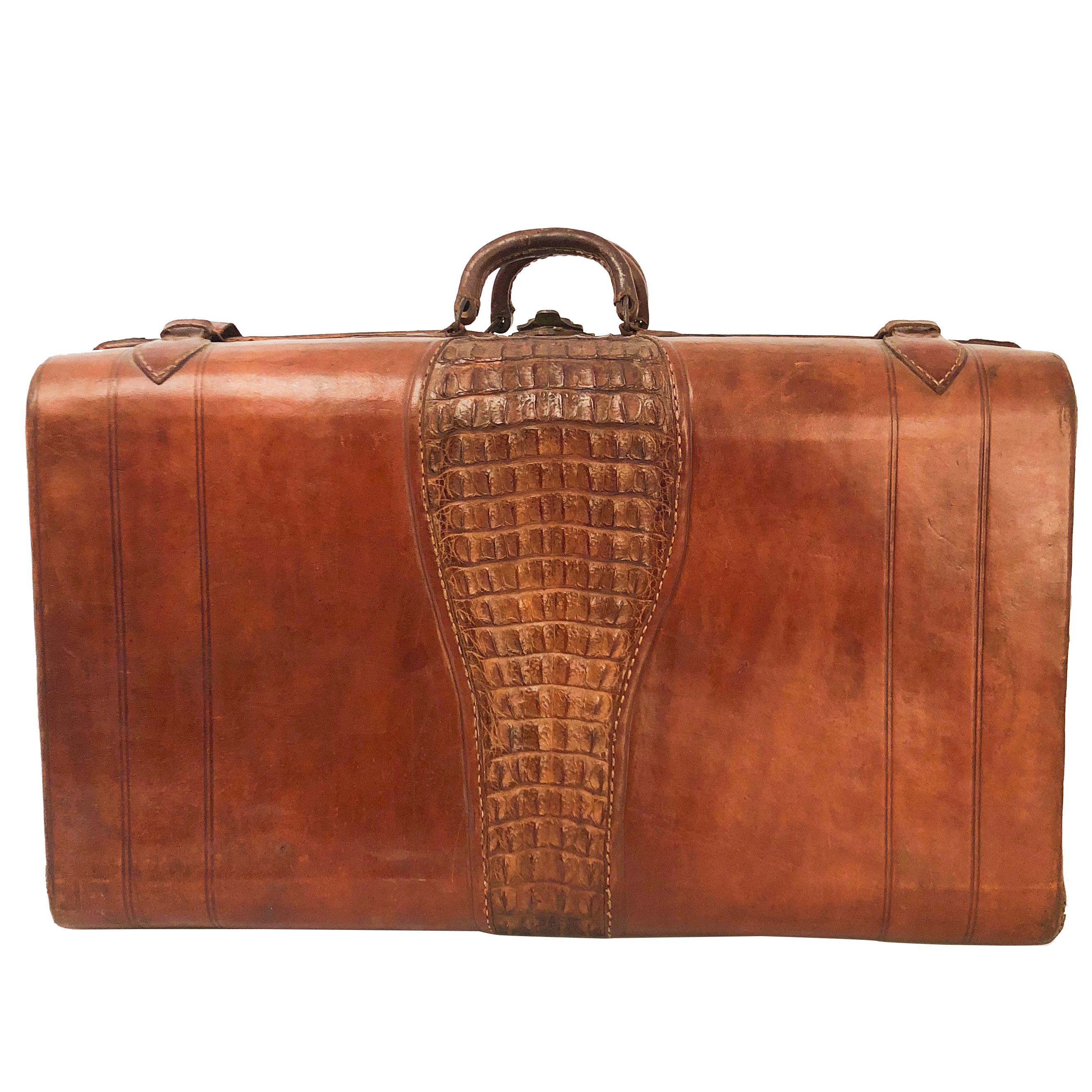 1930's Cayman and Leather Suitcase For Sale