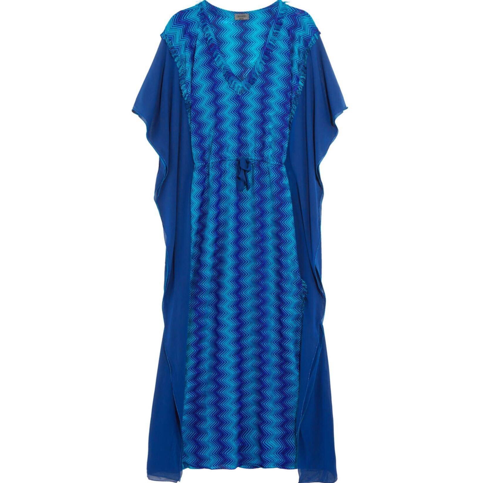 Missoni Blue Chevron Crochet Knit Kaftan Maxi Dress 