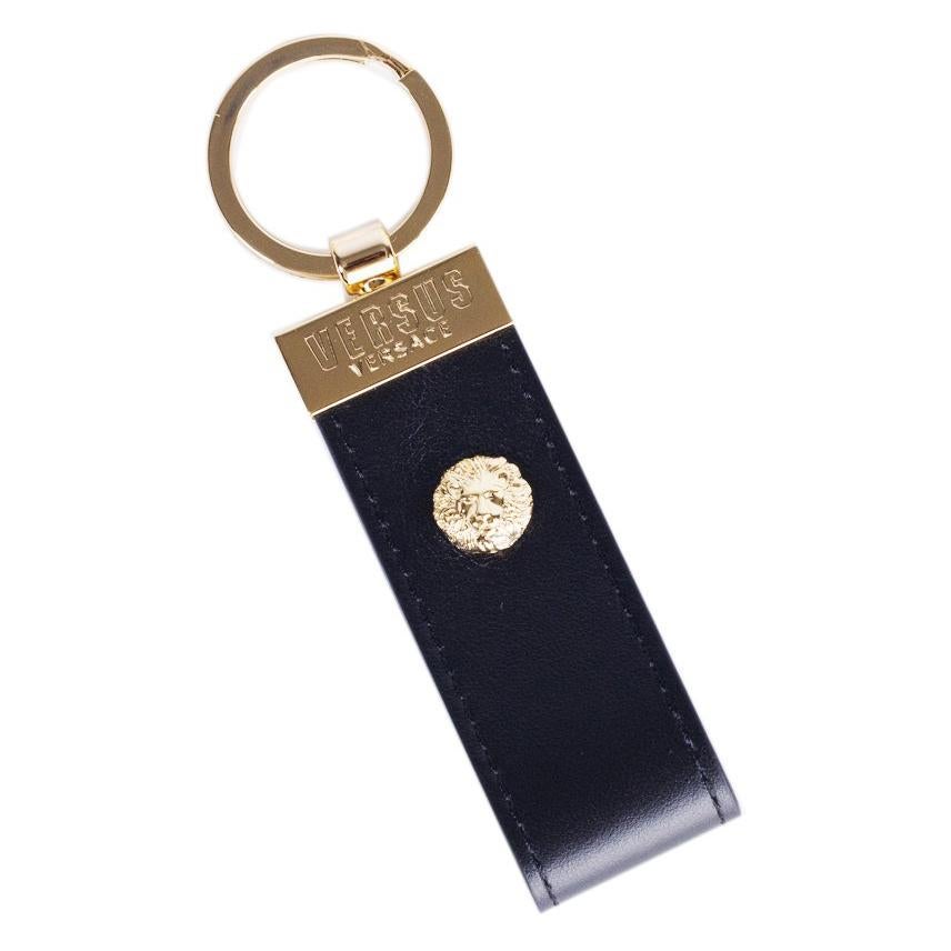 Versus Versace Black Gold Lion Head Leather Key Ring For Sale