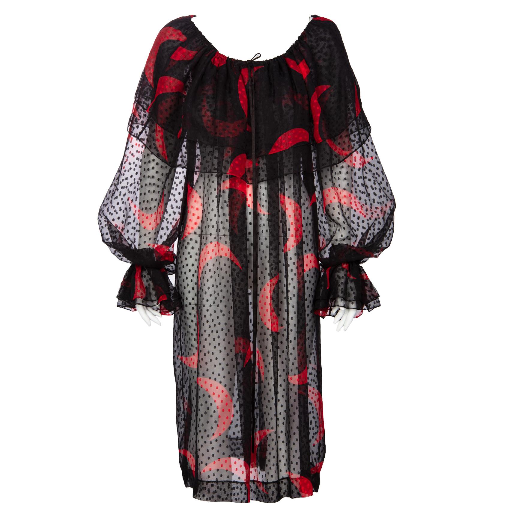 1970s Yves Saint Laurent Red & Black Crescent Moon Ruffle Peasant Dress 