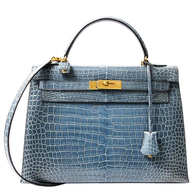 Rare Hermes Blue Jean Porosus Crocodile 32 Kelly GHW For Sale at 1stdibs