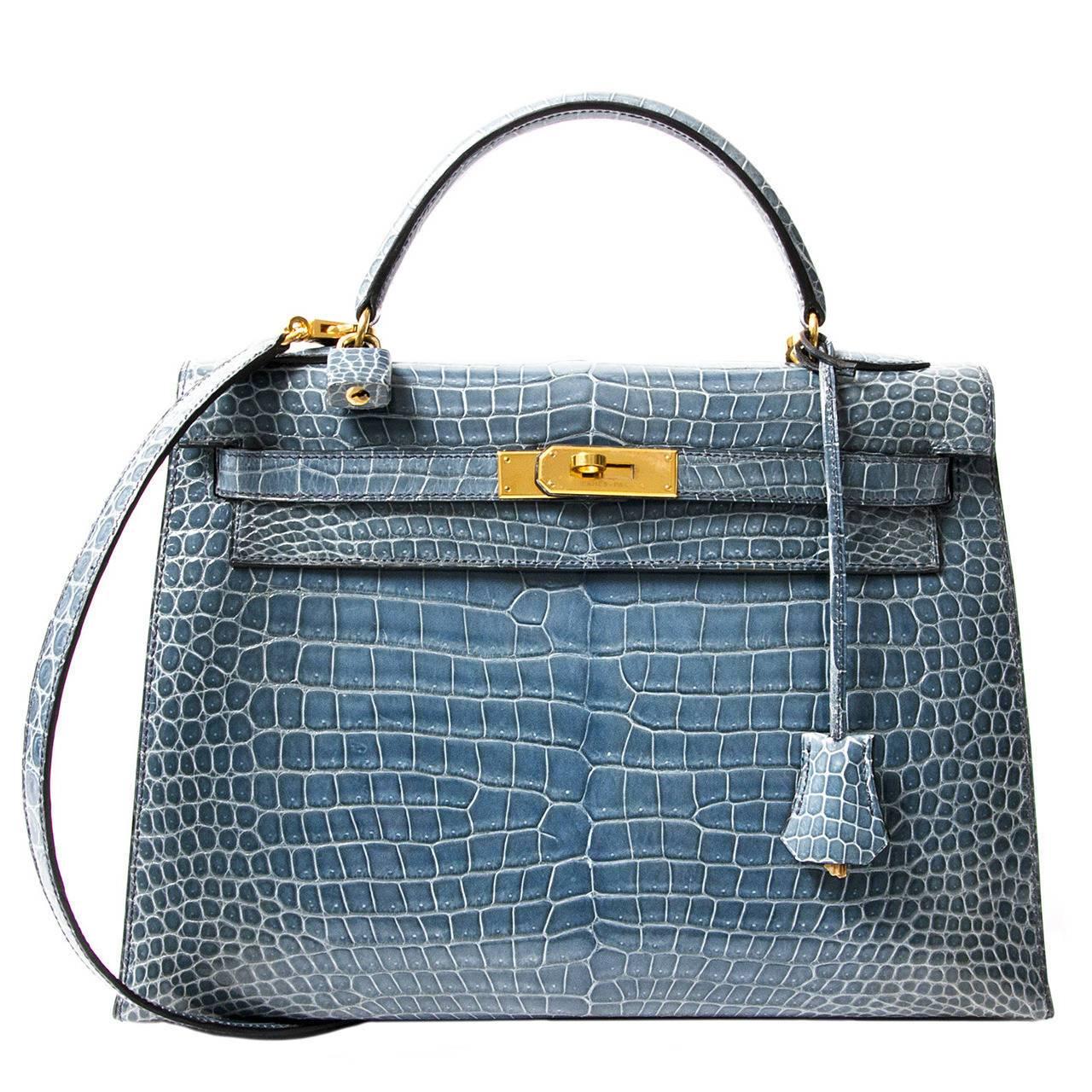 Rare Hermes Blue Jean Porosus Crocodile 32 Kelly GHW