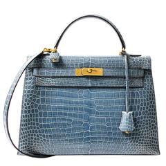 Rare Hermes Blue Jean Porosus Crocodile 32 Kelly GHW 4