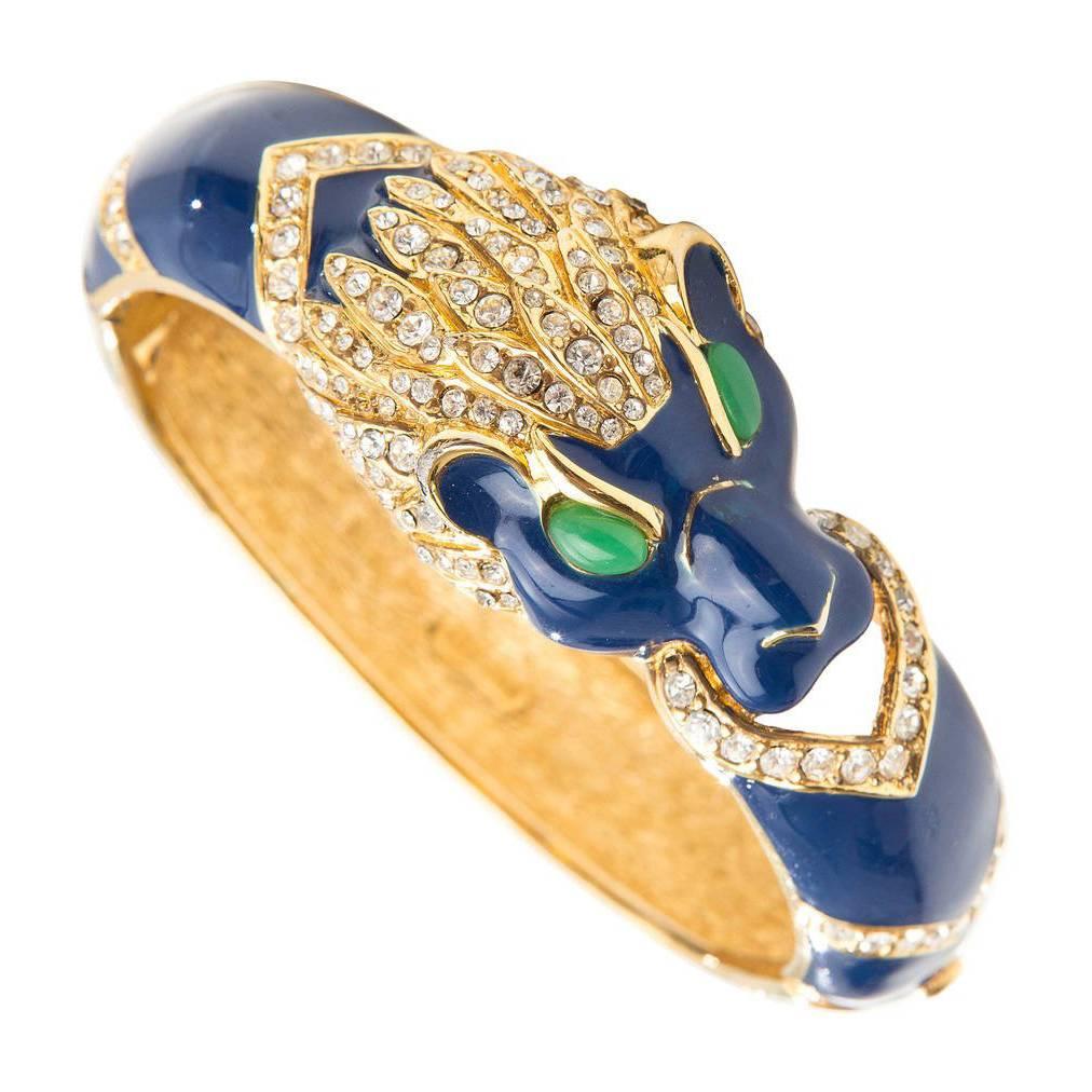 Ciner Gold Plated Blue Jade Enamel Crystal Panther Bangle Bracelet, Circa 1970's For Sale