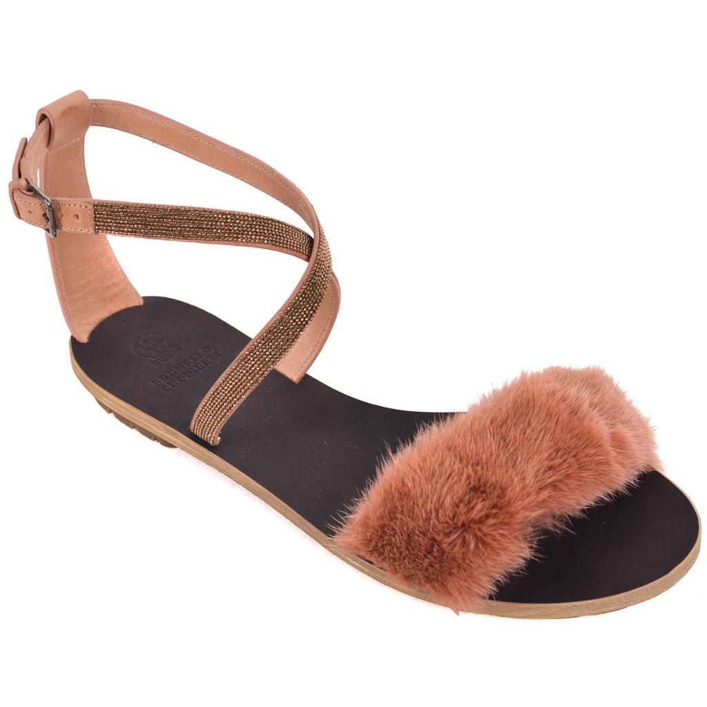 Brunello Cucinelli Womens Tan Leather Mink Fur Flat Sandals For Sale