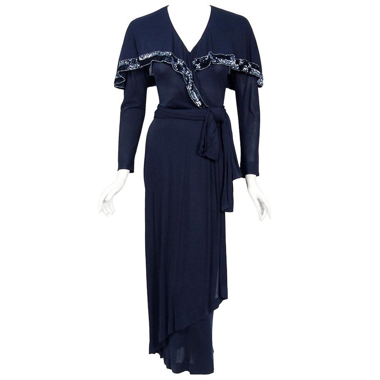 1970's Jean Muir Navy Rayon Jersey Maxi Dress For Sale at 1stdibs