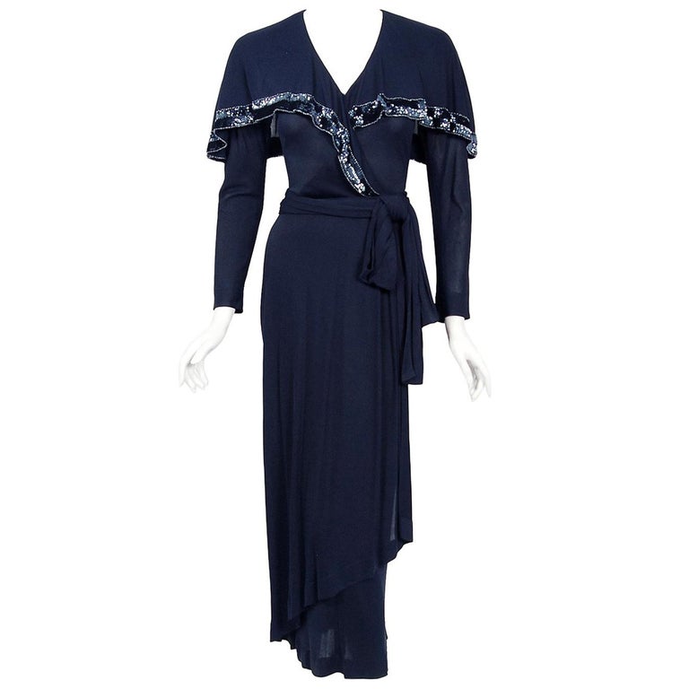 1970s Jean Muir Hand Painted Blue Jersey Smock Dress
