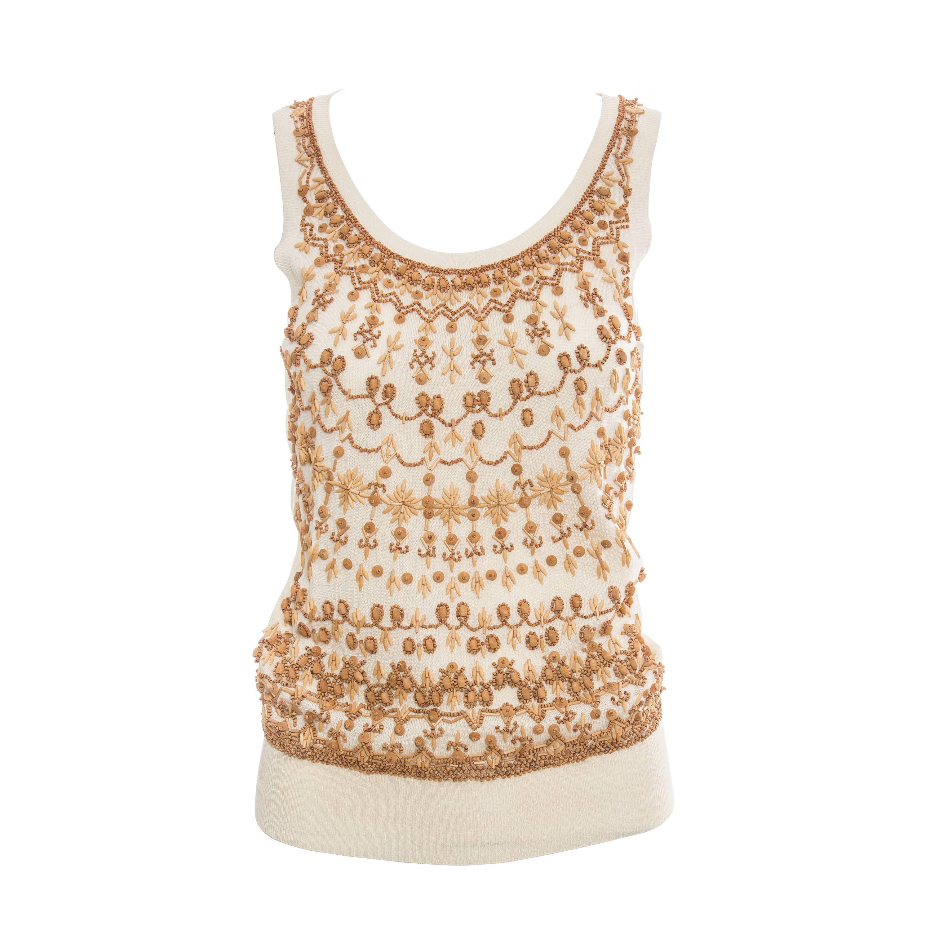 Alexander McQueen Cream Cotton Silk Tank Embroidered Wood Beading, Spring 2006 For Sale