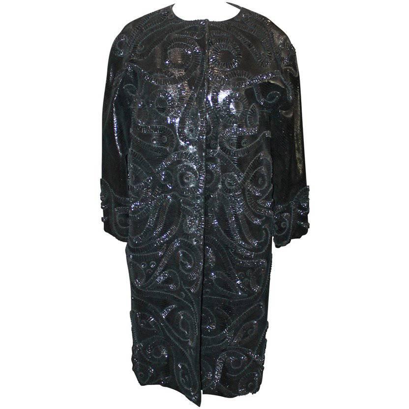 Oscar de la Renta Black Incredible Lizard Embossed Patent Embroidered Coat - M