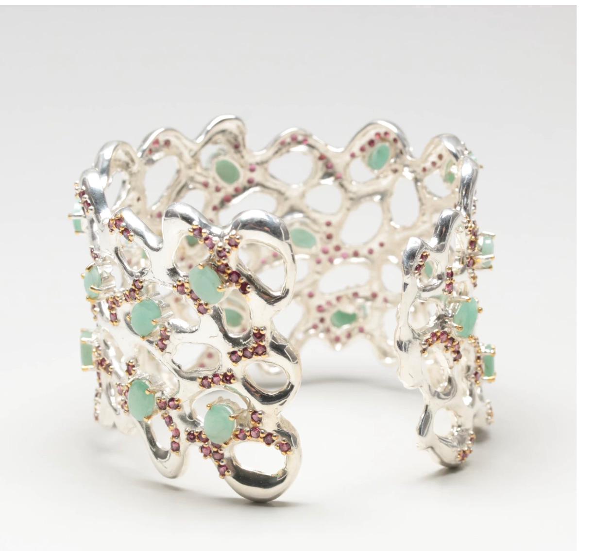 Sterling Silver Emerald, Rhodolite Garnet and Sapphire Cuff Bracelet For Sale 1