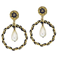 Chanel Black/Gold Hoop Earrings with Pearl