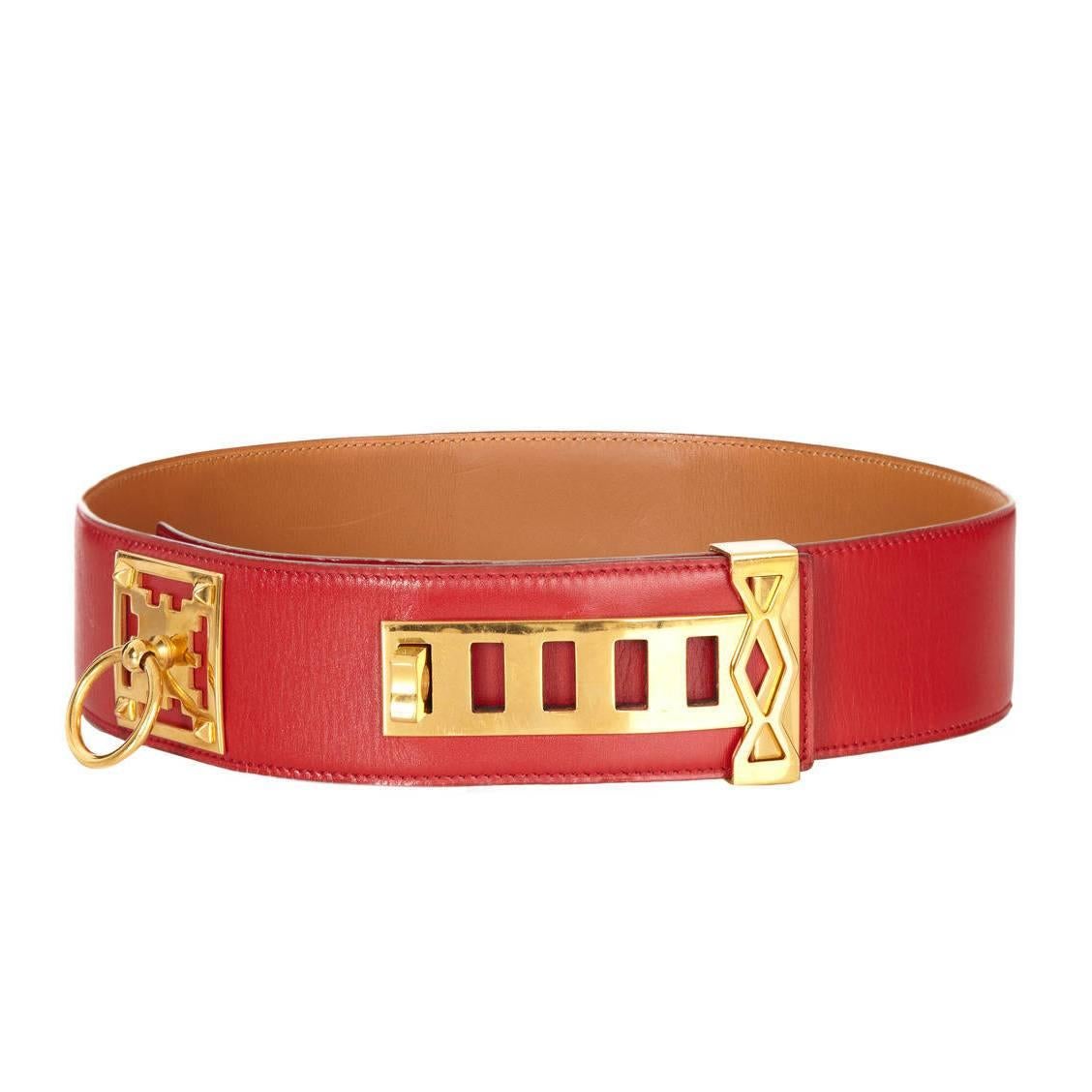 1980s Red Hermès Collier de Chien Leather Belt Size 70