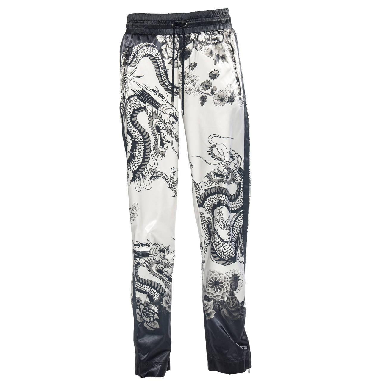 Dolce & Gabbana Men's White Black Satin Dragon Print Pants, Spring - Summer 2009