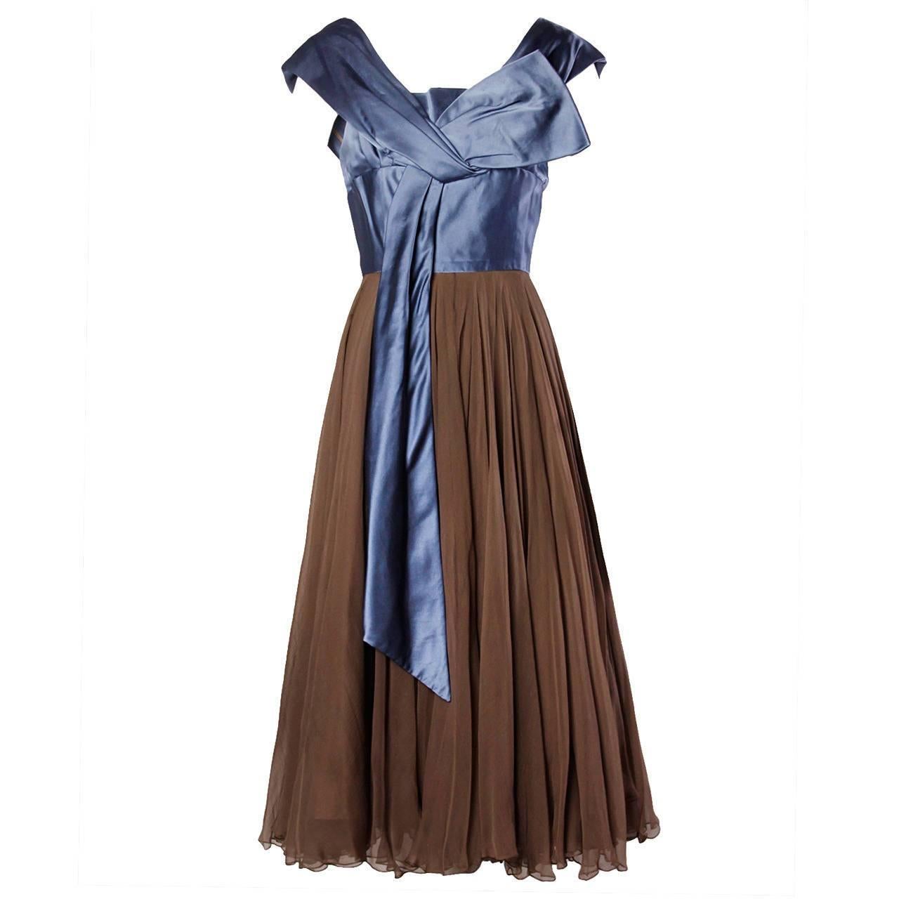 1950s Vintage Couture Silk Satin + Creamy Silk Chiffon Formal Dress For Sale