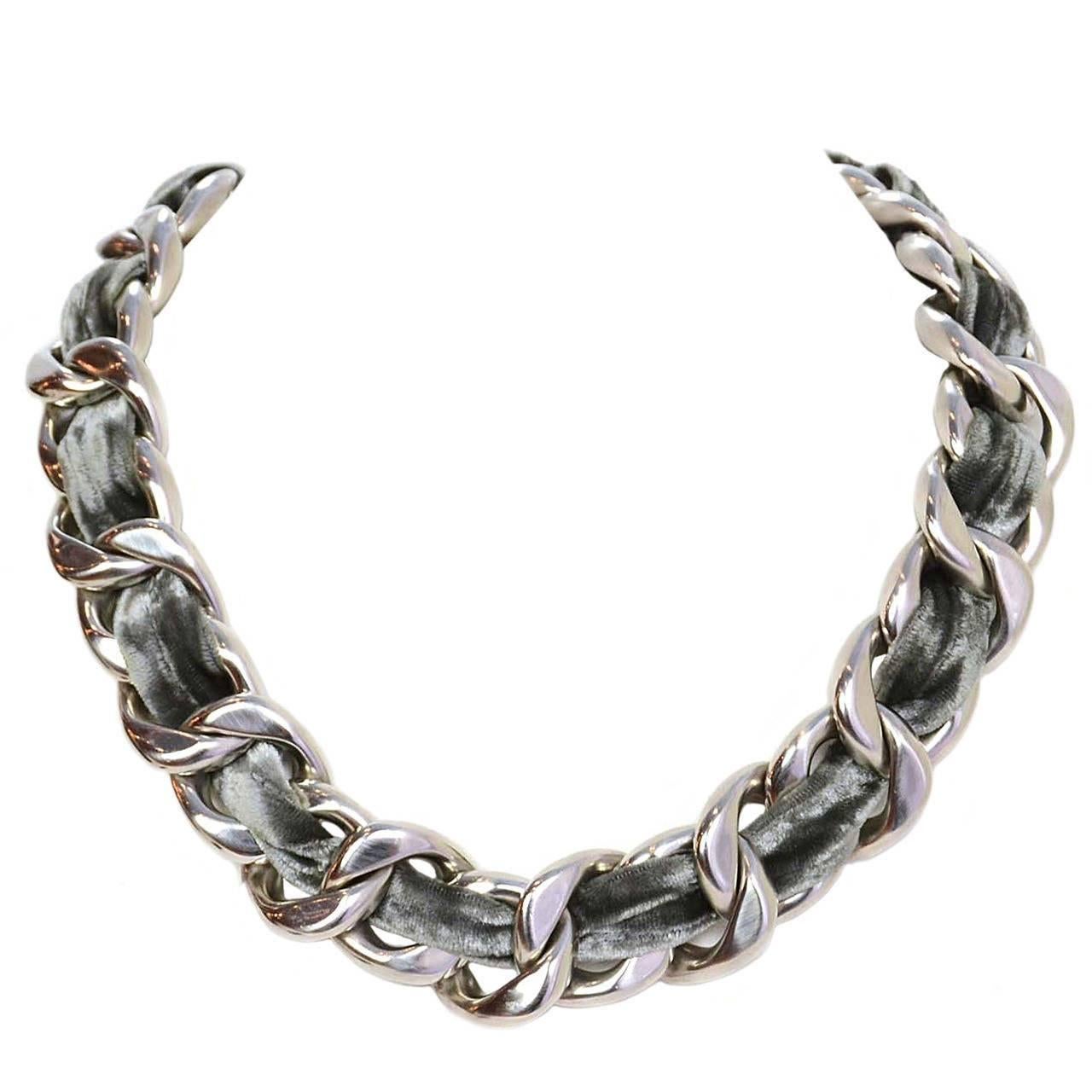 CHANEL Grey Velvet Woven Silver Oversized Chain Link Necklace